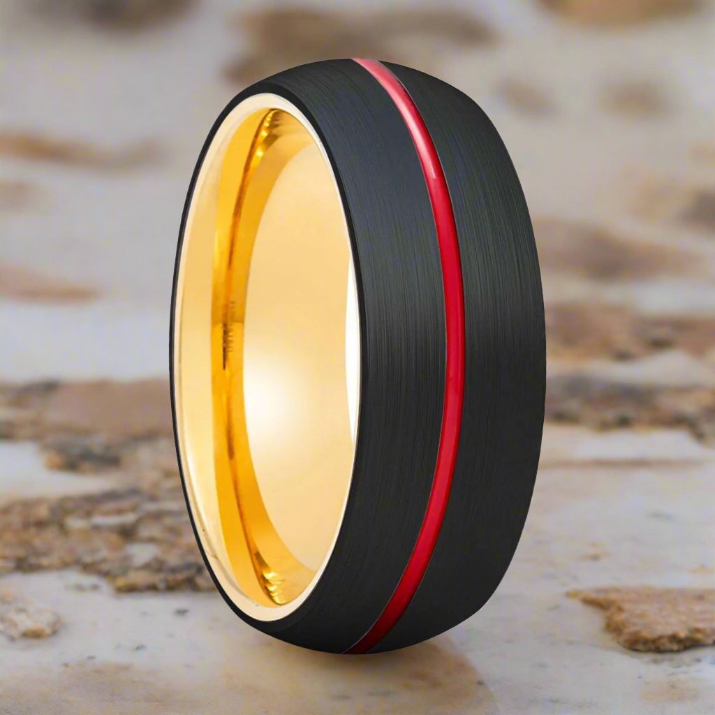 ACROBA | Gold Ring, Black Tungsten Ring, Red Groove, Domed - Rings - Aydins Jewelry - 1