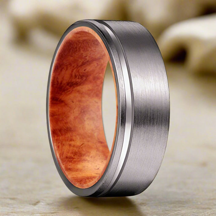 ADAR | Red Burl Wood, Gunmetal Tungsten Offset Groove - Rings - Aydins Jewelry - 1