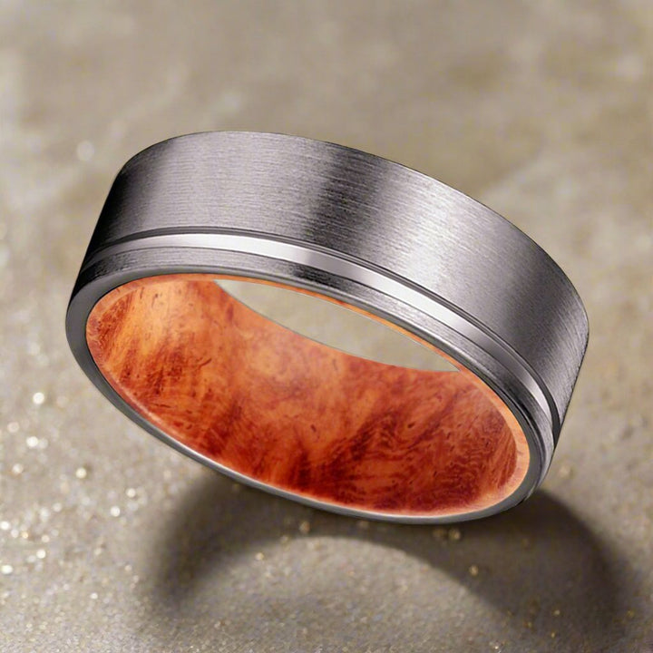 ADAR | Red Burl Wood, Gunmetal Tungsten Offset Groove - Rings - Aydins Jewelry - 2