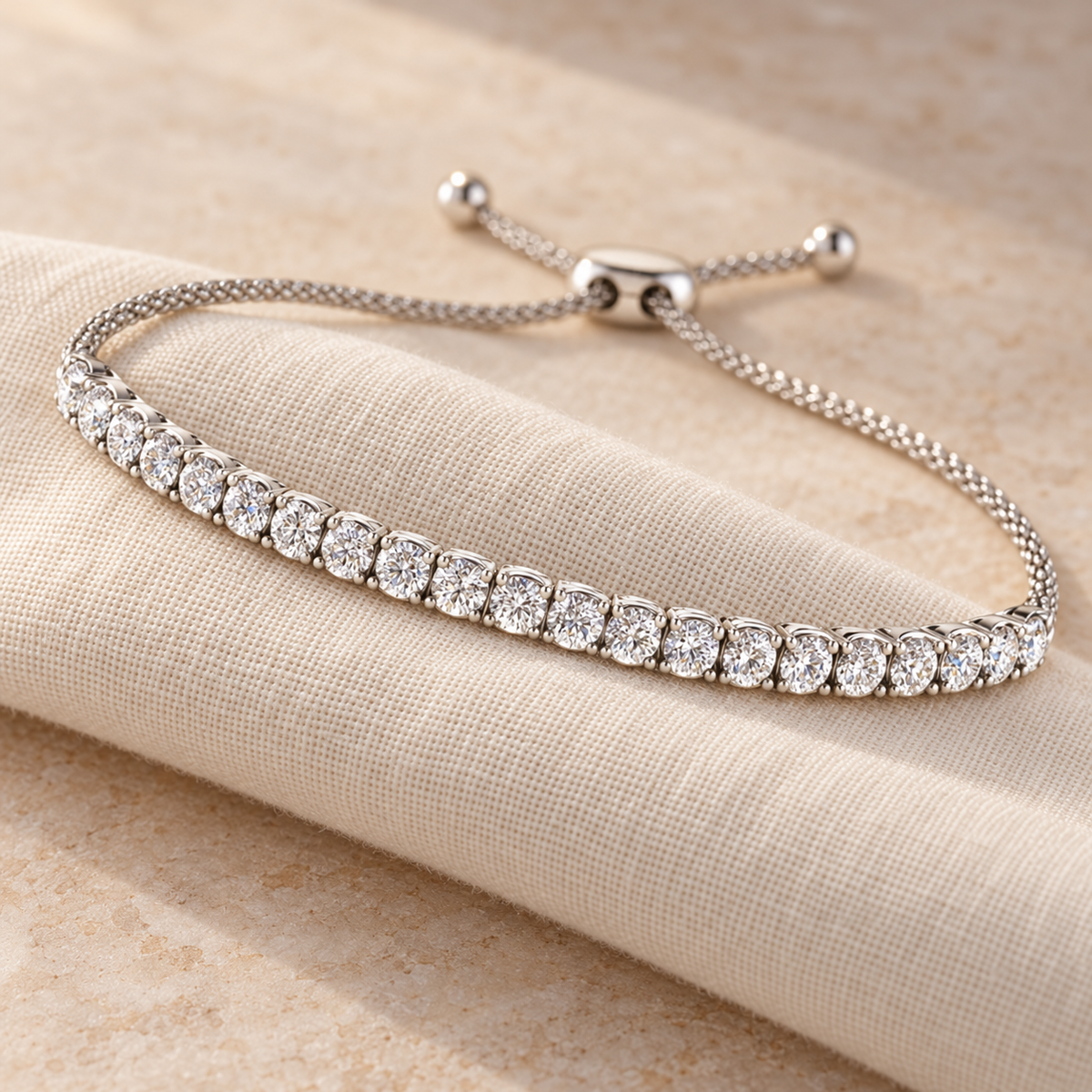 Adjustable Bolo Bracelet, lab grown diamonds in silver, draped on ivory linen