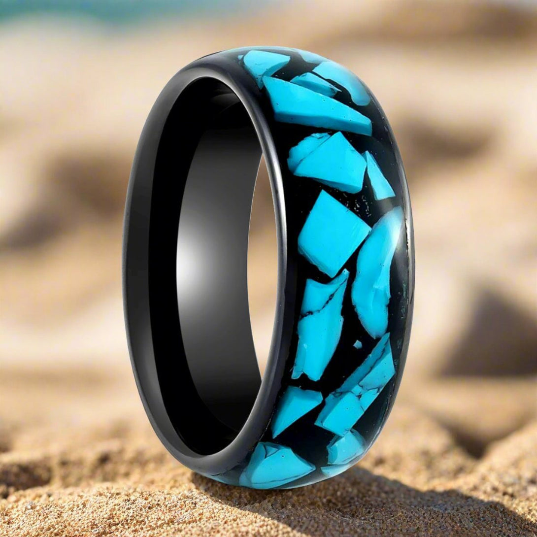 ADONIS | Black Tungsten Ring Blue Turquoise Fragments Inlay - Rings - Aydins Jewelry - 3