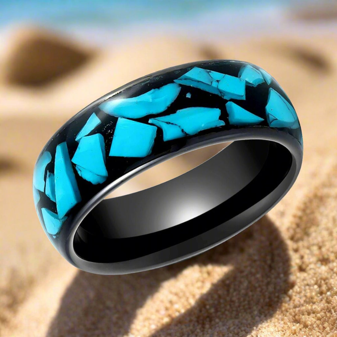 ADONIS | Black Tungsten Ring Blue Turquoise Fragments Inlay - Rings - Aydins Jewelry - 4