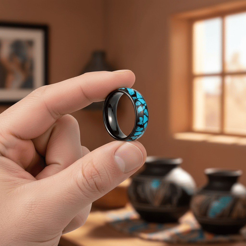 ADONIS — Held between fingers close-up — men's tungsten wedding ring.
