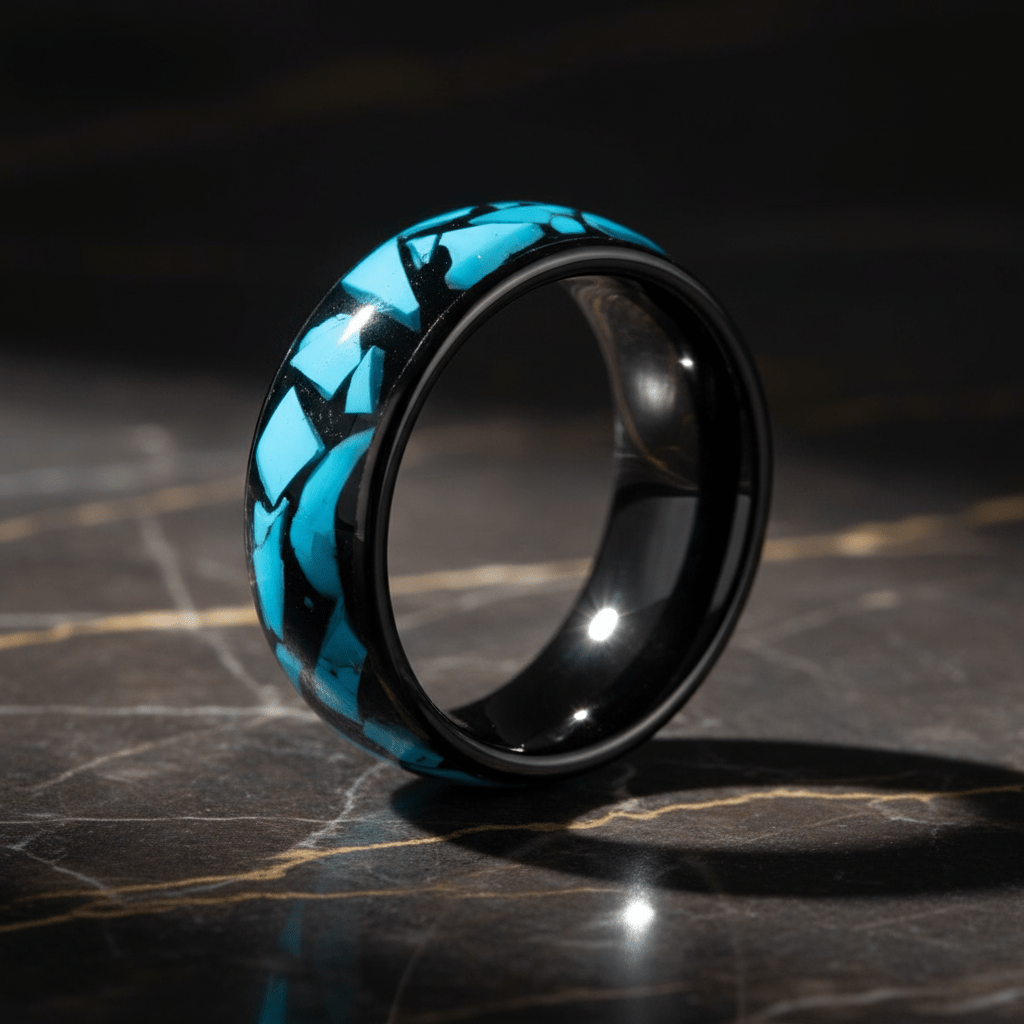ADONIS — Luxury 3/4 angle on dark marble — men's tungsten wedding ring.