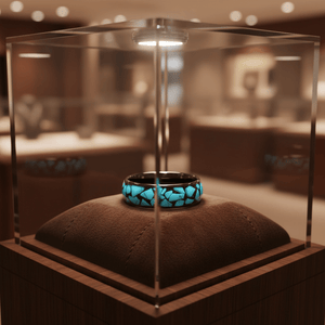ADONIS — Premium boutique display on velvet — men's tungsten wedding ring.