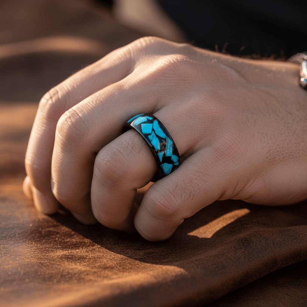 ADONIS — Lifestyle photo on hand — men's tungsten wedding ring.