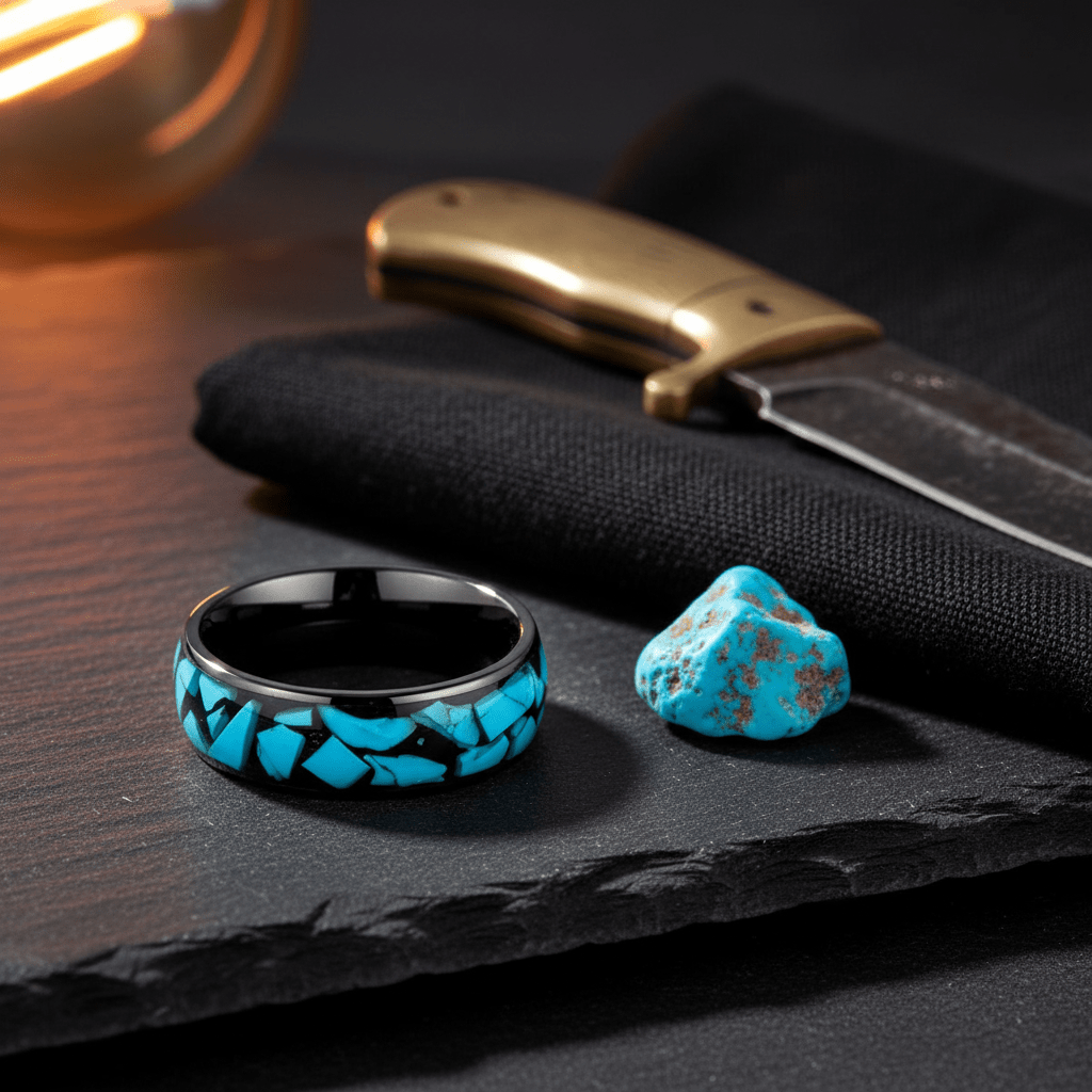 ADONIS — Editorial masculine still life — men's tungsten wedding ring.
