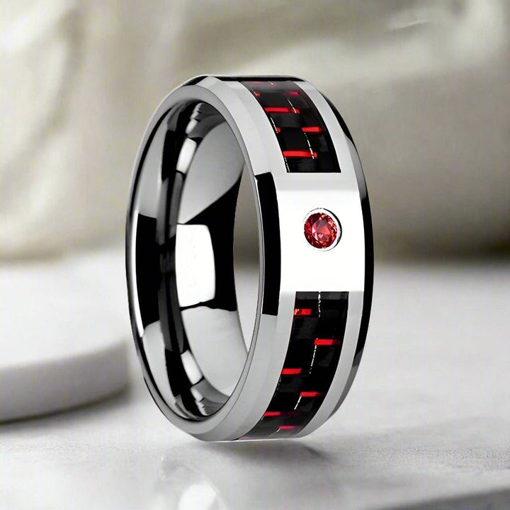 ADRIAN | Silver Tungsten Ring, Red Ruby Stone, Red & Black Carbon Fiber Inlay, Beveled - Rings - Aydins Jewelry - 1