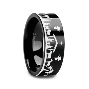 ADVENT black tungsten ring with nativity scene laser-engraved around the band – Aydins Jewelry