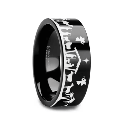 ADVENT black tungsten ring with nativity scene laser-engraved around the band – Aydins Jewelry