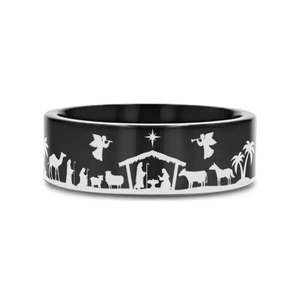 ADVENT black tungsten ring with nativity scene laser-engraved around the band – Aydins Jewelry