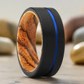 ADVENTUNE | Bocote Wood, Black Tungsten Ring, Blue Offset Groove, Flat - Rings - Aydins Jewelry - 1