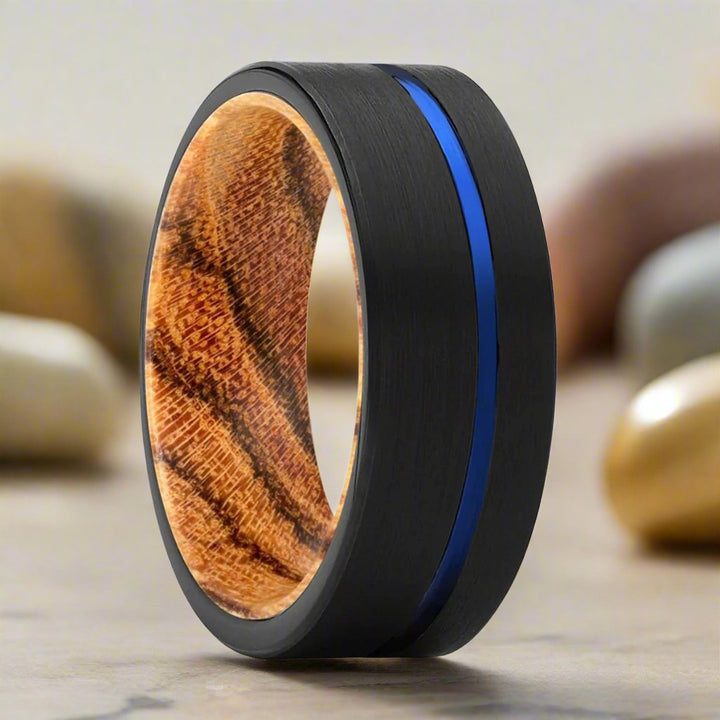 ADVENTUNE | Bocote Wood, Black Tungsten Ring, Blue Offset Groove, Flat - Rings - Aydins Jewelry - 1