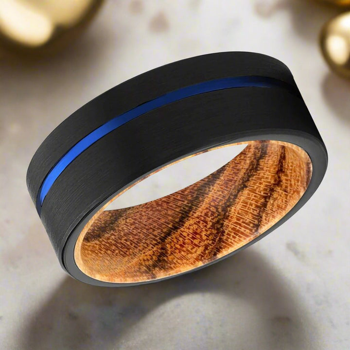 ADVENTUNE | Bocote Wood, Black Tungsten Ring, Blue Offset Groove, Flat - Rings - Aydins Jewelry - 4