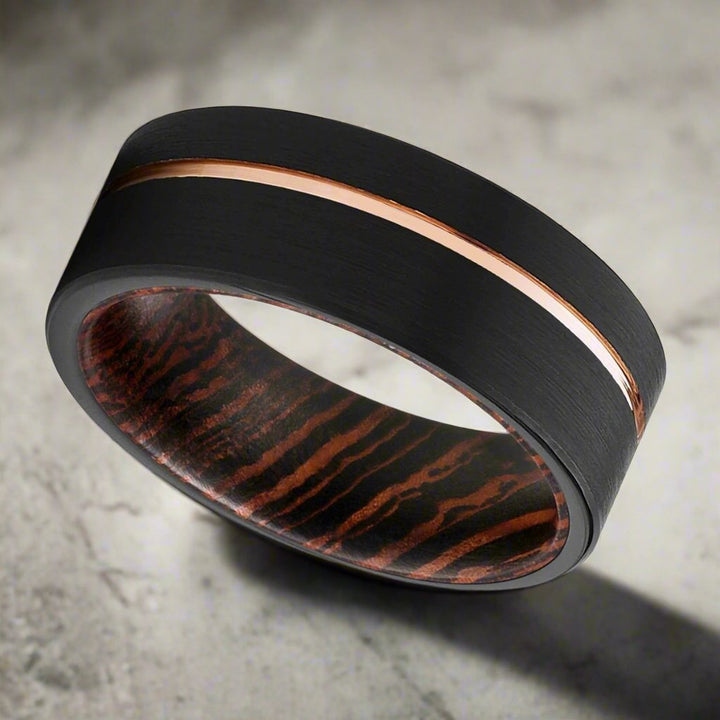 AEON | Wenge Wood, Black Tungsten Ring, Rose Gold Offset Groove, Brushed, Flat - Rings - Aydins Jewelry - 2