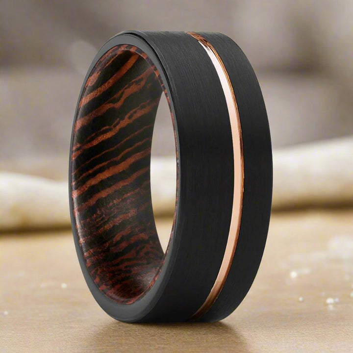 AEON | Wenge Wood, Black Tungsten Ring, Rose Gold Offset Groove, Brushed, Flat - Rings - Aydins Jewelry - 1