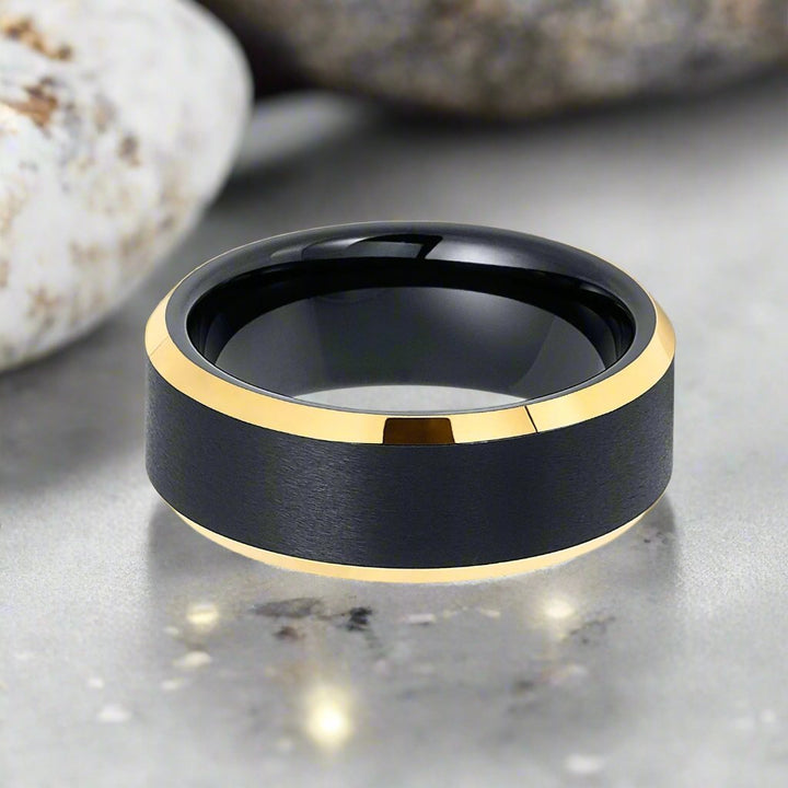 AERGLO | Black Tungsten Ring, Brushed, Gold Beveled Edges - Rings - Aydins Jewelry - 3