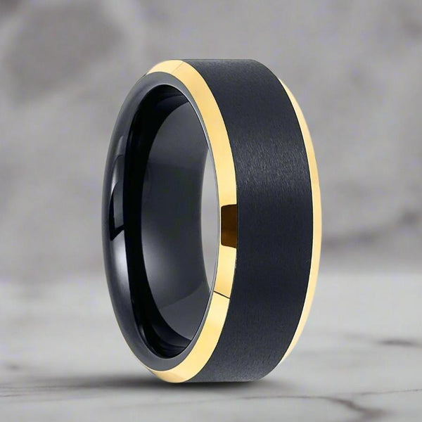 AERGLO | Black Tungsten Ring, Brushed, Gold Beveled Edges - Rings - Aydins Jewelry - 1