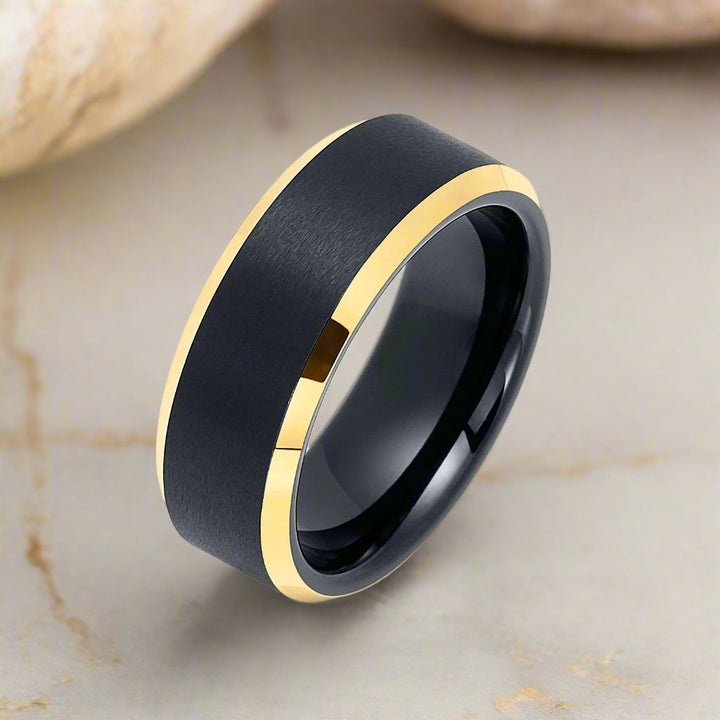 AERGLO | Black Tungsten Ring, Brushed, Gold Beveled Edges - Rings - Aydins Jewelry - 2