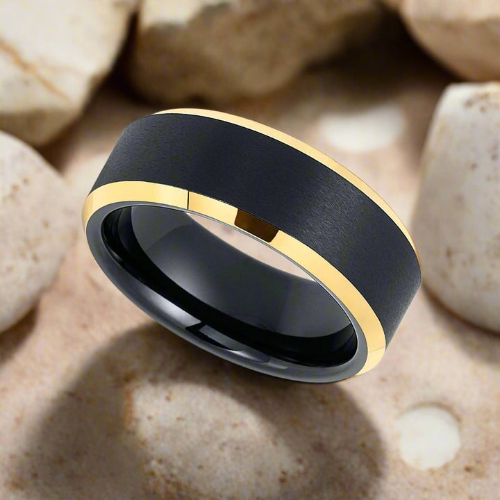 AERGLO | Black Tungsten Ring, Brushed, Gold Beveled Edges - Rings - Aydins Jewelry - 4