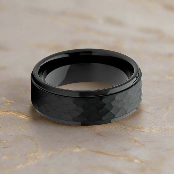 AEROBITS | Black Tungsten Ring, Hammered, Stepped Edge - Rings - Aydins Jewelry - 2