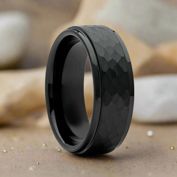 AEROBITS Black Tungsten Ring - Hammered Stepped Edge - Front View