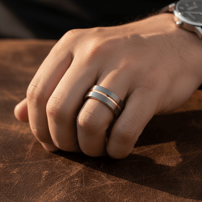 AFRIDI — Lifestyle photo on hand — men's tungsten wedding ring.