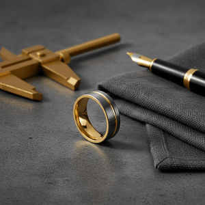 AFRIDI — Editorial masculine still life — men's tungsten wedding ring.