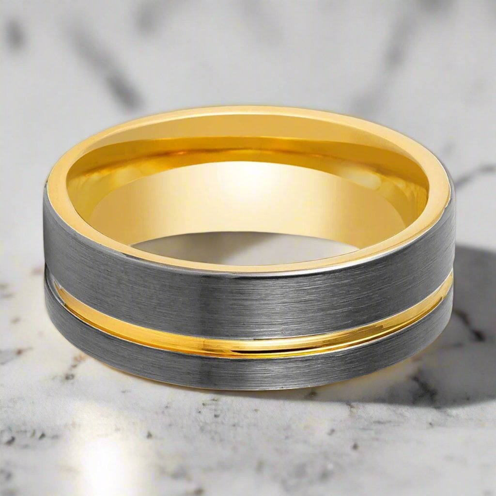 AFRIDI | Gun Metal Tungsten Ring, Gold Inside, Offset Gold Groove, Flat - Rings - Aydins Jewelry - 3