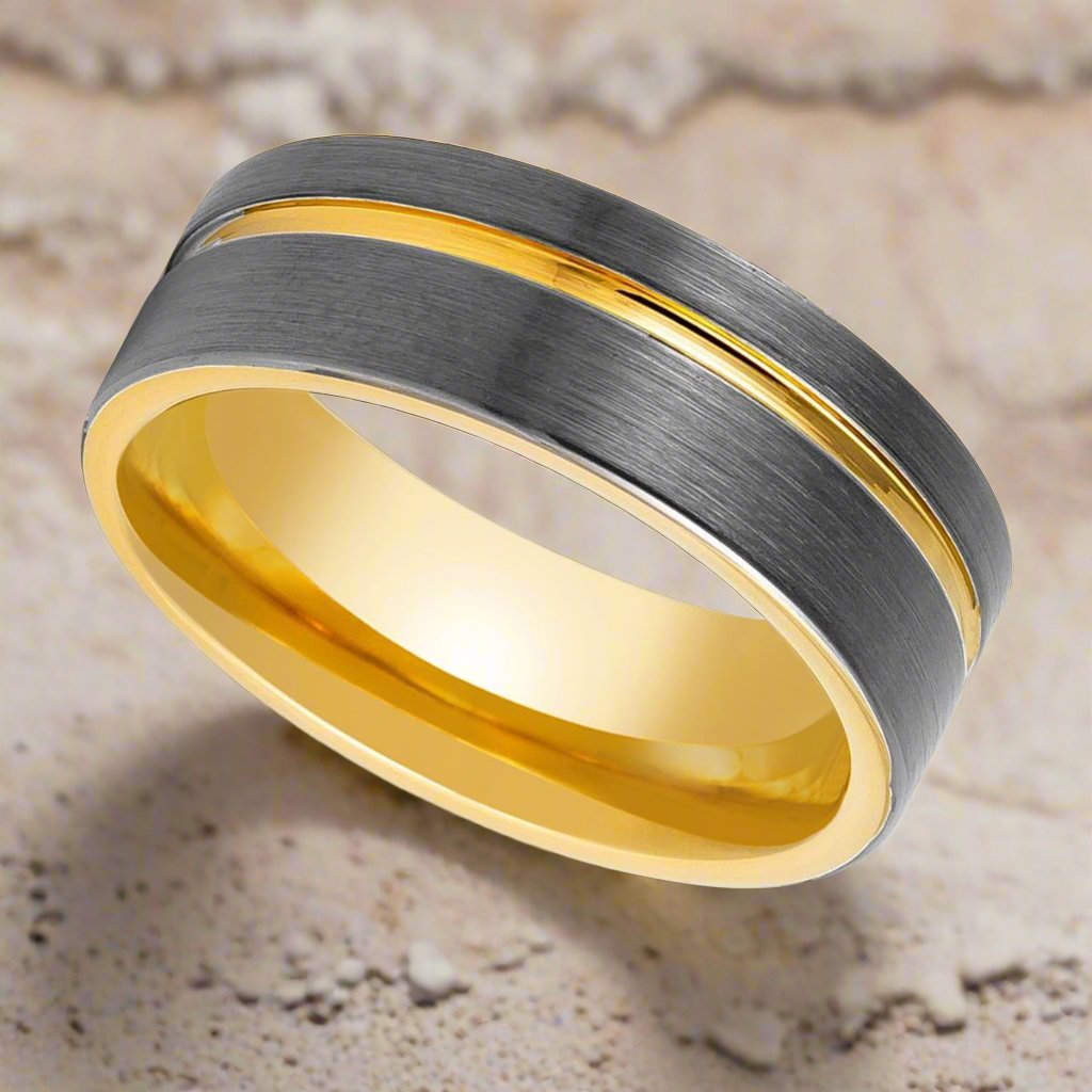 AFRIDI | Gun Metal Tungsten Ring, Gold Inside, Offset Gold Groove, Flat - Rings - Aydins Jewelry - 4