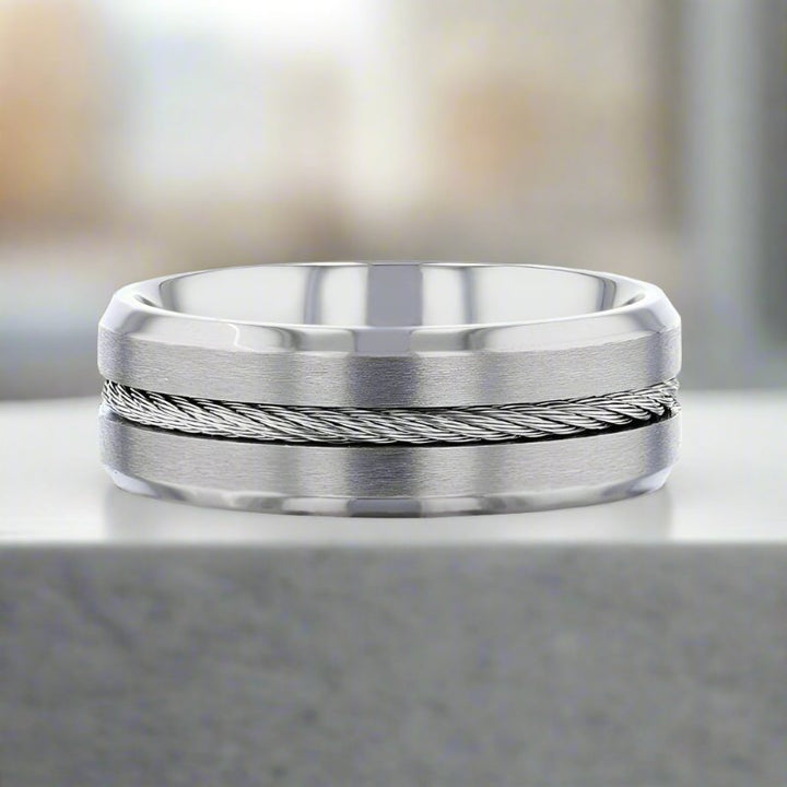 ALBERT | Silver Titanium Ring, Steel Cable Inlay, Beveled - Rings - Aydins Jewelry - 5