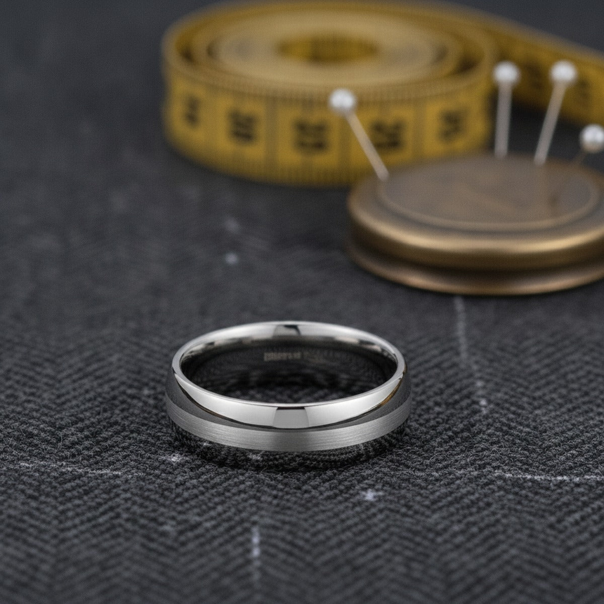 Aydins ALTHALOS | Silver Tungsten Ring, Palladium Inlay, Domed lifestyle scene, tailor shop