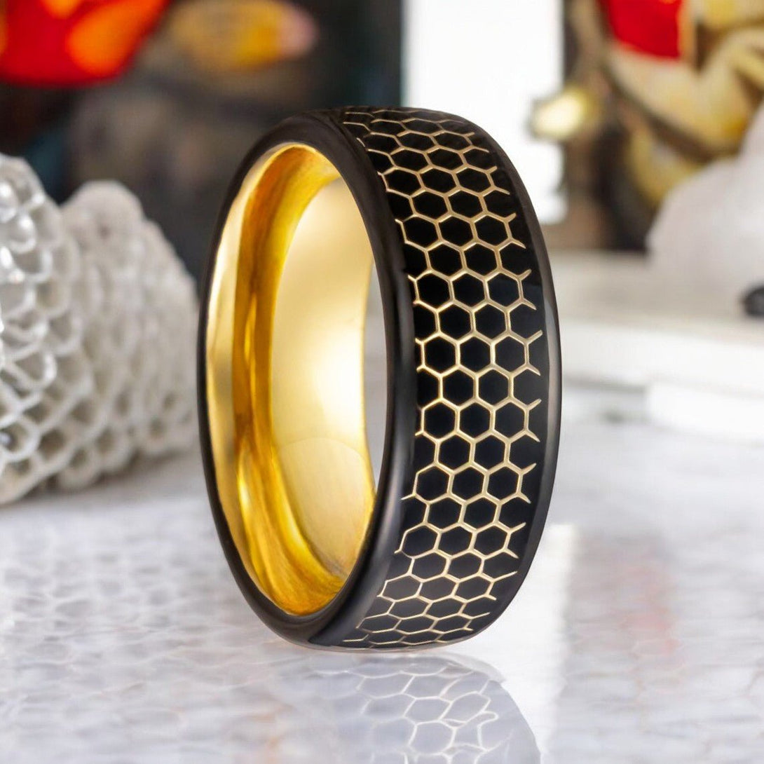 ALTIN Gold Tungsten Ring with Black Resin and Gold Honeycomb Design - Front View