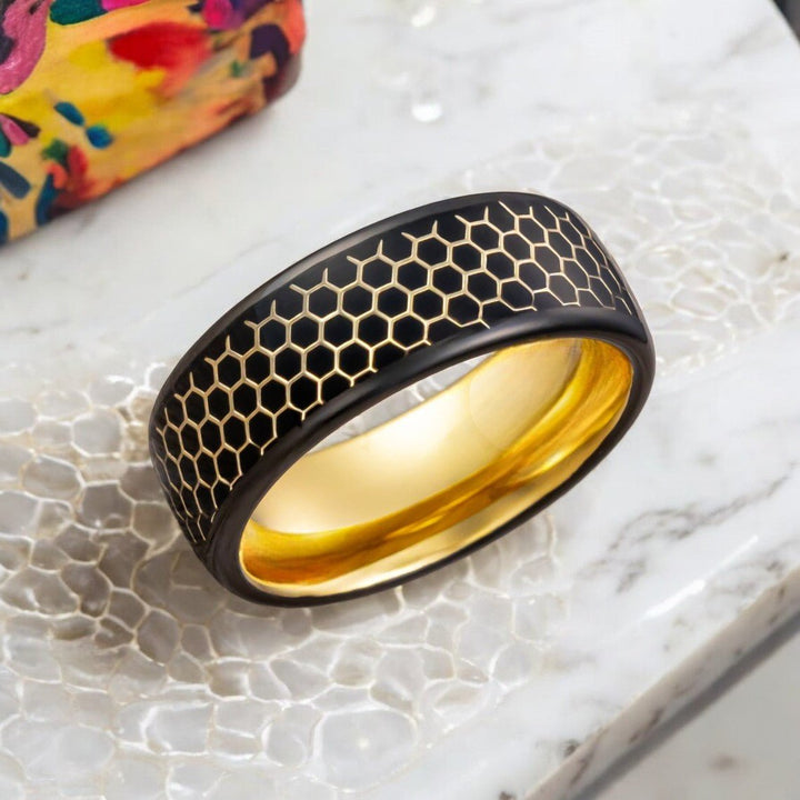 ALTIN Gold Tungsten Ring - Side Angle Showing Honeycomb Pattern