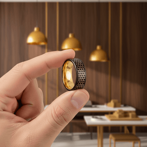 ALTIN — Held between fingers close-up — men's tungsten wedding ring.