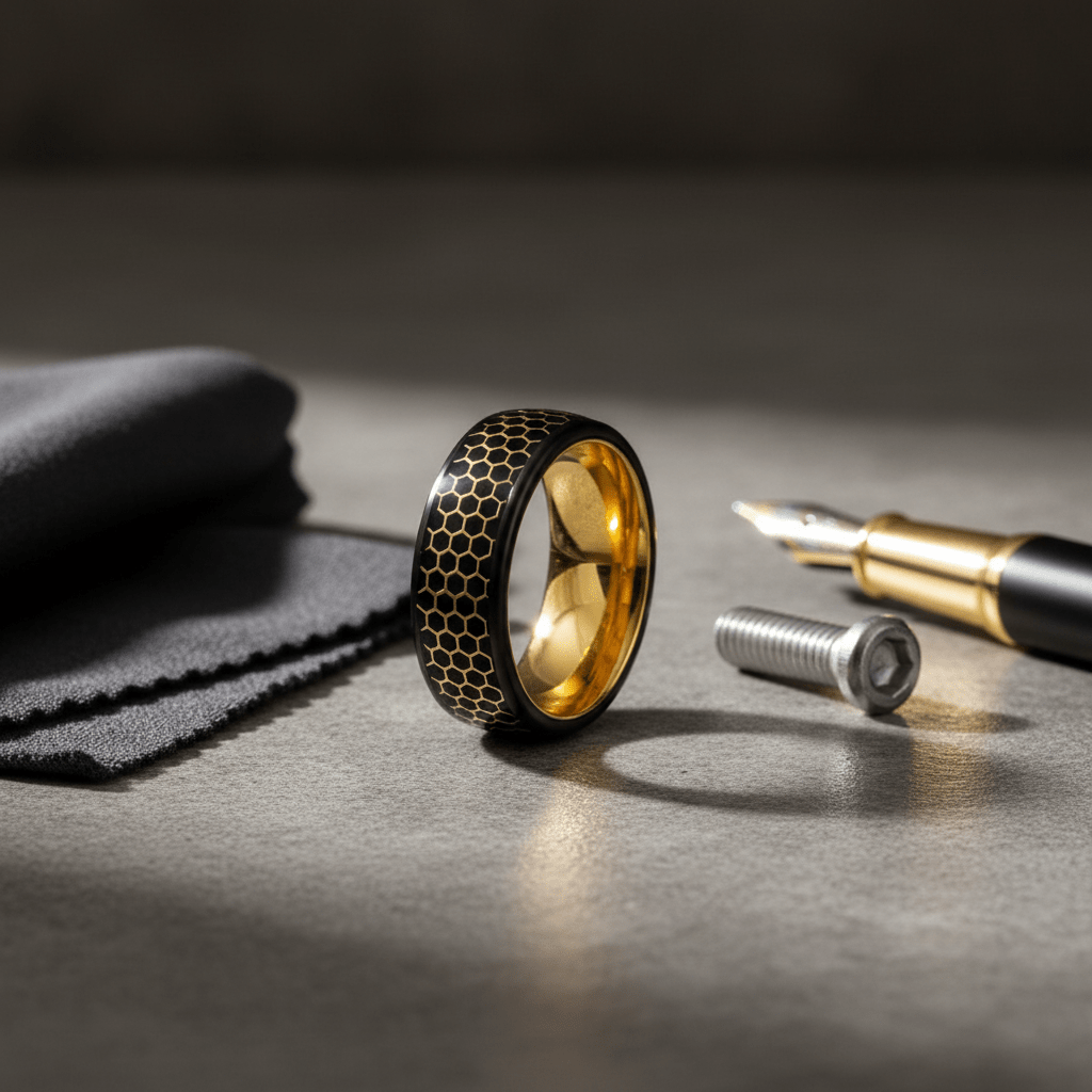 ALTIN — Editorial masculine still life — men's tungsten wedding ring.
