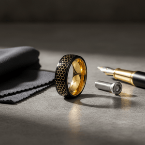 ALTIN — Editorial masculine still life — men's tungsten wedding ring.