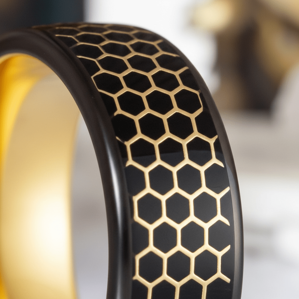 ALTIN — Extreme macro detail — men's tungsten wedding ring.