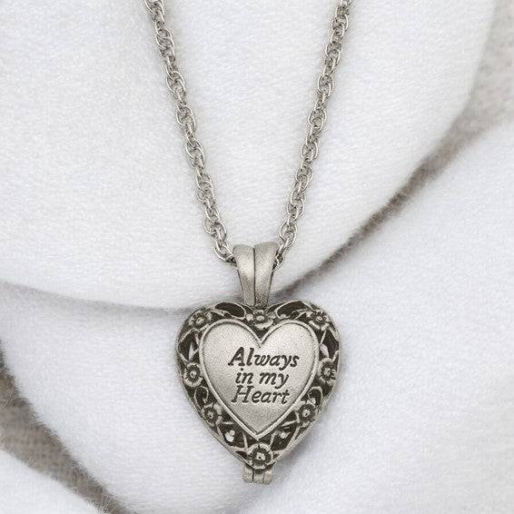 ALWAYS IN MY HEART" Silver - tone Antiqued Heart Locket Memorial with Brass Ash Holder - 24 - inch Necklace with Message Card - Necklace - Aydins Jewelry - 1