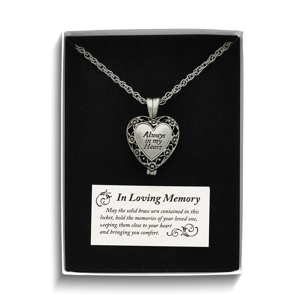 ALWAYS IN MY HEART" Silver - tone Antiqued Heart Locket Memorial with Brass Ash Holder - 24 - inch Necklace with Message Card - Necklace - Aydins Jewelry - 6