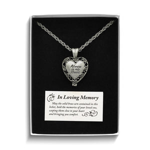 ALWAYS IN MY HEART" Silver - tone Antiqued Heart Locket Memorial with Brass Ash Holder - 24 - inch Necklace with Message Card - Necklace - Aydins Jewelry - 6