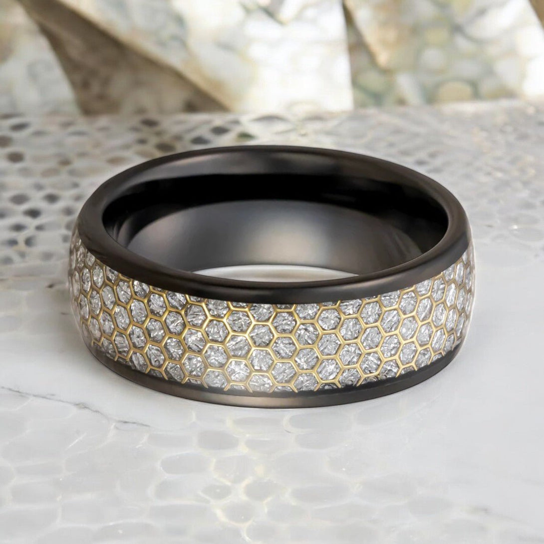 AMANA Ring in 8mm Width - Black Tungsten with Gold Honeycomb Detailing