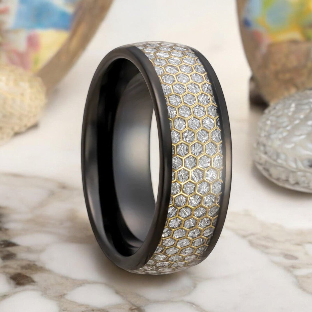 AMANA Black Tungsten Ring with Lab Created Meteorite Inlay & Gold Honeycomb Design - Front View