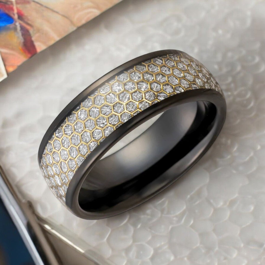 Side Angle of AMANA Ring Showing Gold Honeycomb Design on Lab Created Meteorite Inlay