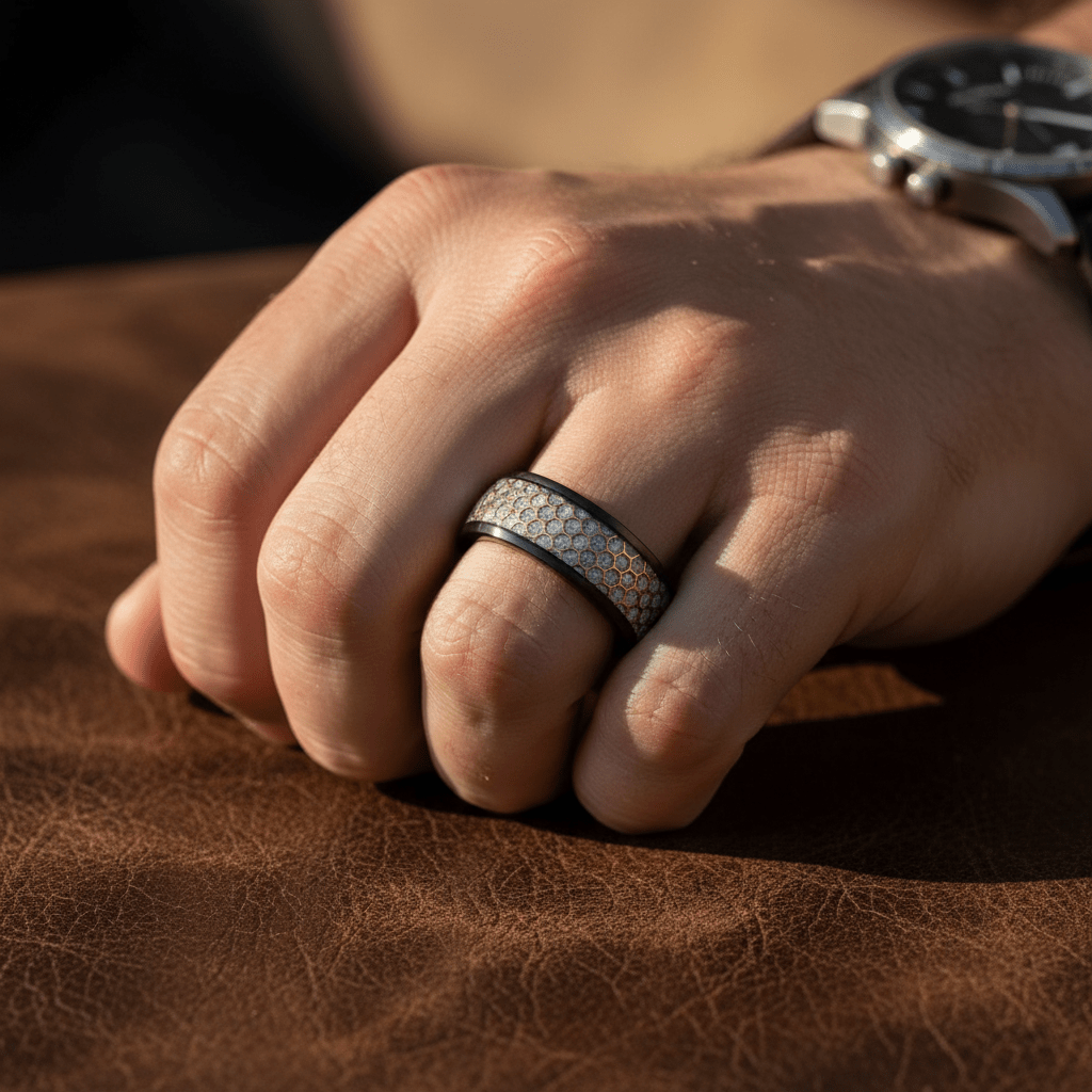 AMANA — Lifestyle photo on hand — men's tungsten wedding ring.