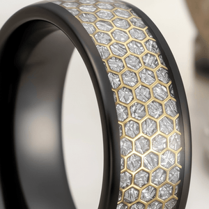 AMANA — Extreme macro detail — men's tungsten wedding ring.