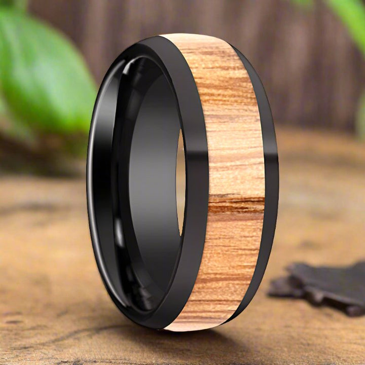 AMBROSE | Black Ceramic Ring, Red Oak Wood Inlay, Domed - Rings - Aydins Jewelry - 3
