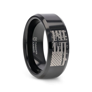 AMERICAN FLAG & CROSS black tungsten carbide ring, view view