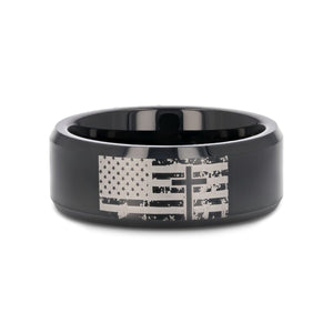 AMERICAN FLAG & CROSS black tungsten carbide ring, view view