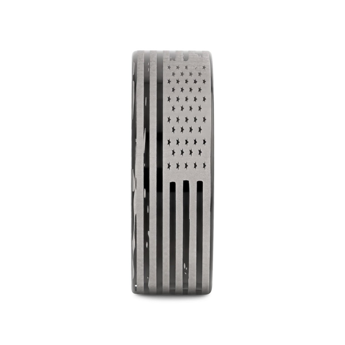 AMERICAN FLAGS black tungsten carbide ring, front view